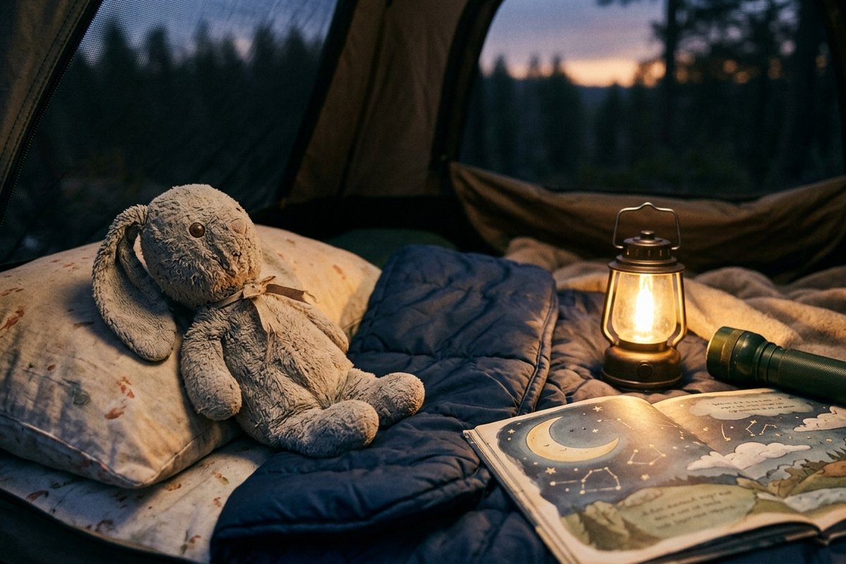 Kind ligt in slaapzak in tent met zaklamp en knuffel naast zich op de camping
