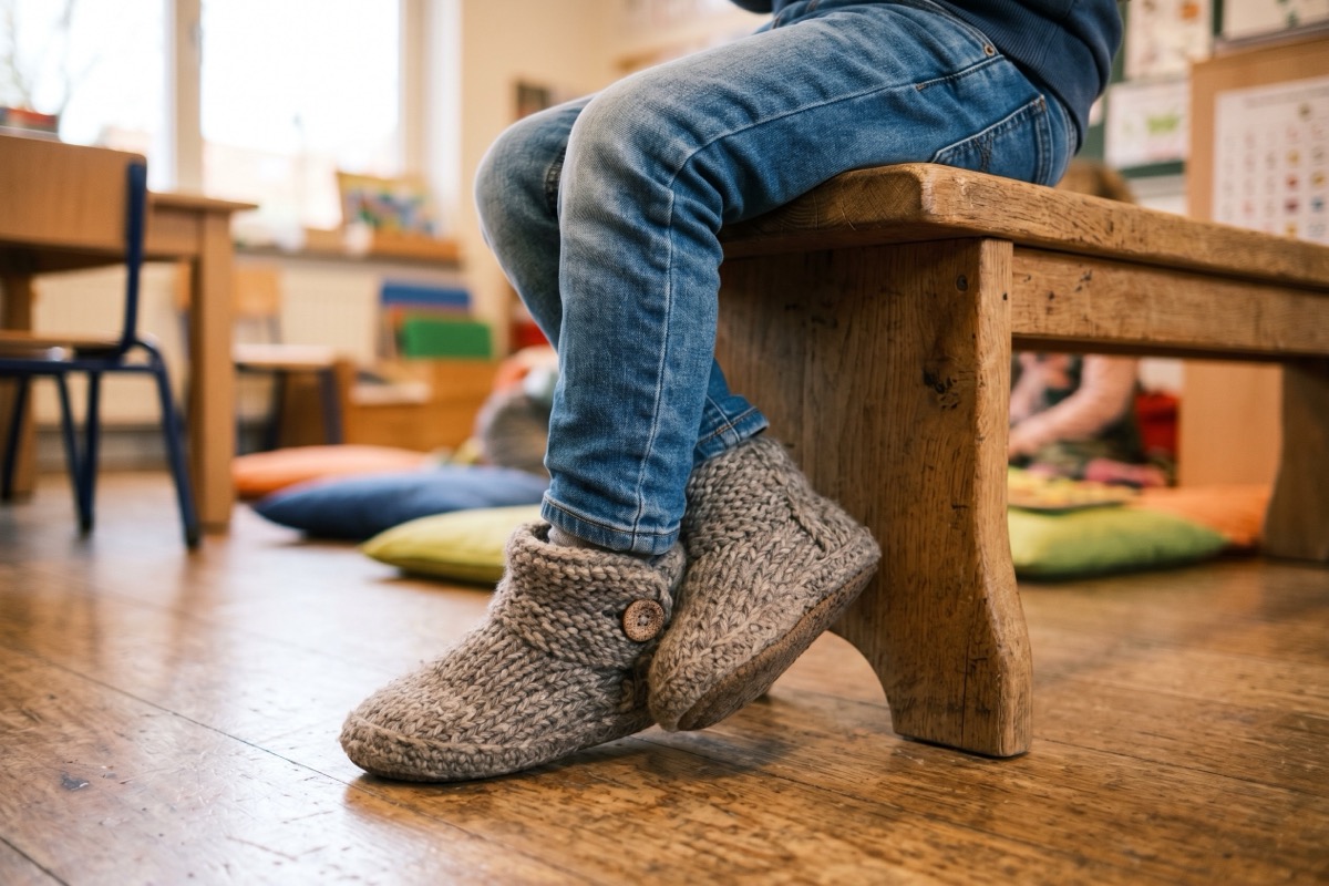 Close-up van een kind in spijkerbroek zittend op een lage houten bank in een klaslokaal, voeten in zachte grijze sloffen op de vloer.