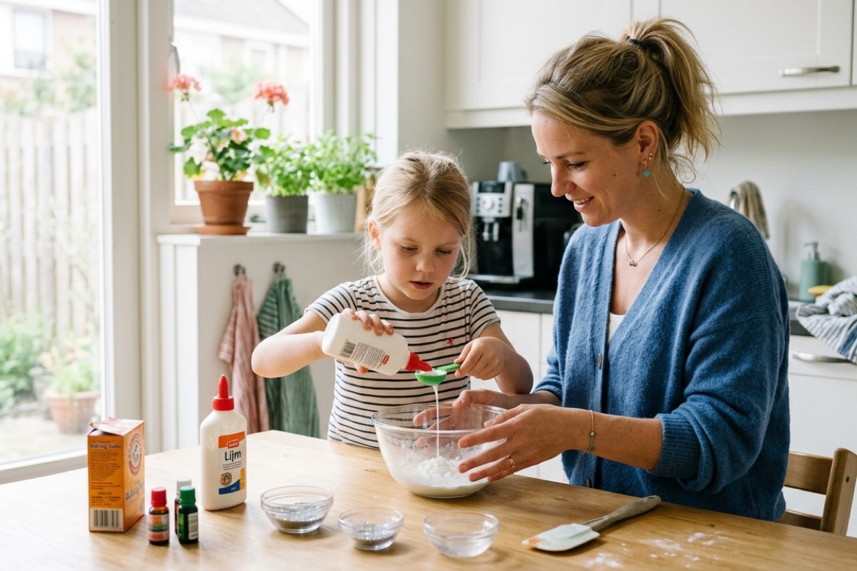 Ouder en kind in groep drie meten samen ingrediënten af voor zelf gemaakte slijm in een zonnige keuken.