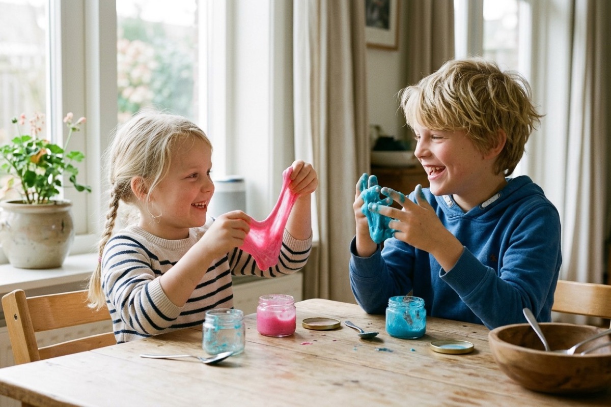 Twee kinderen aan een tafel laten elkaar hun zelf gemaakte gekleurde slijm zien tijdens een vrolijke knutsel-middag.