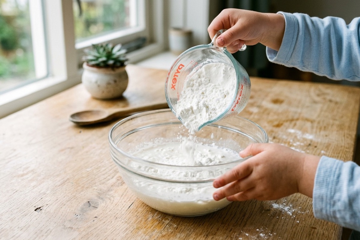 Kind giet langzaam witte maïzena uit een maatbeker in een glazen kom met water voor oobleck-slijm.