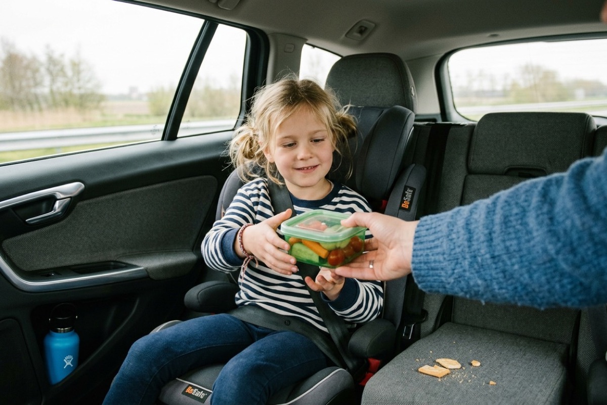 Ouder geeft een bakje met snijgroente aan een kind op de achterbank.
