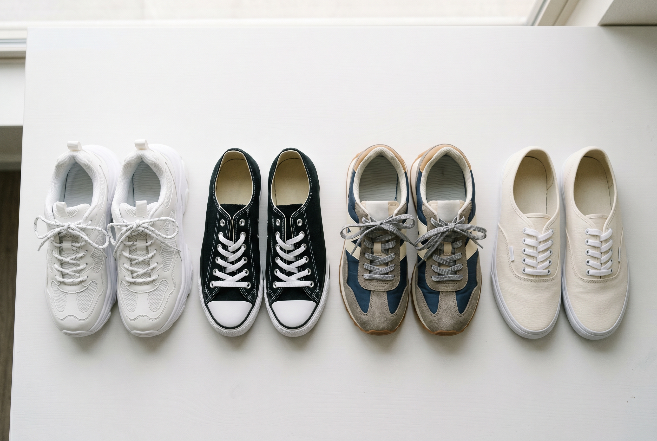 Vier paar tienersneakers naast elkaar op een witte ondergrond: witte chunky sneakers, klassieke zwarte canvas sneakers, retro running-stijl sneakers en minimalistische crème canvas sneakers.