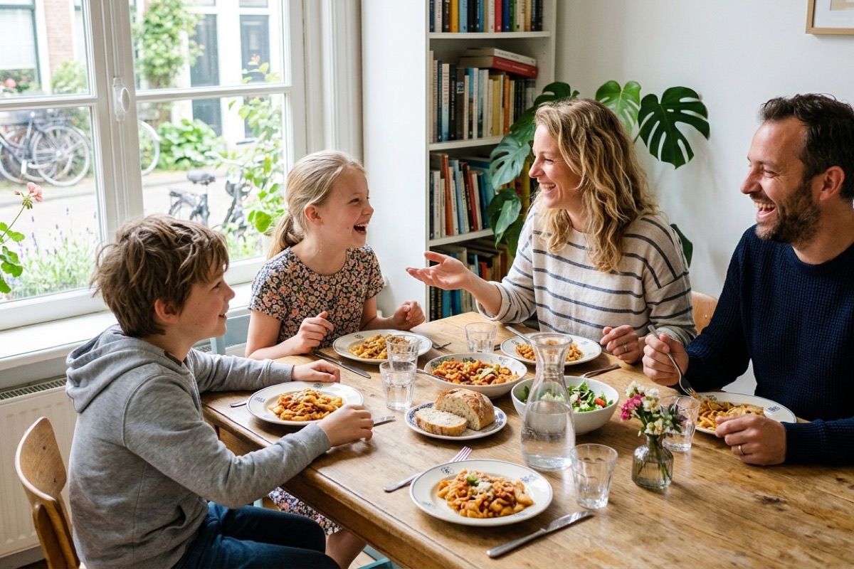 Gezin van vier eet samen aan de keukentafel zonder telefoons in zicht bij daglicht.