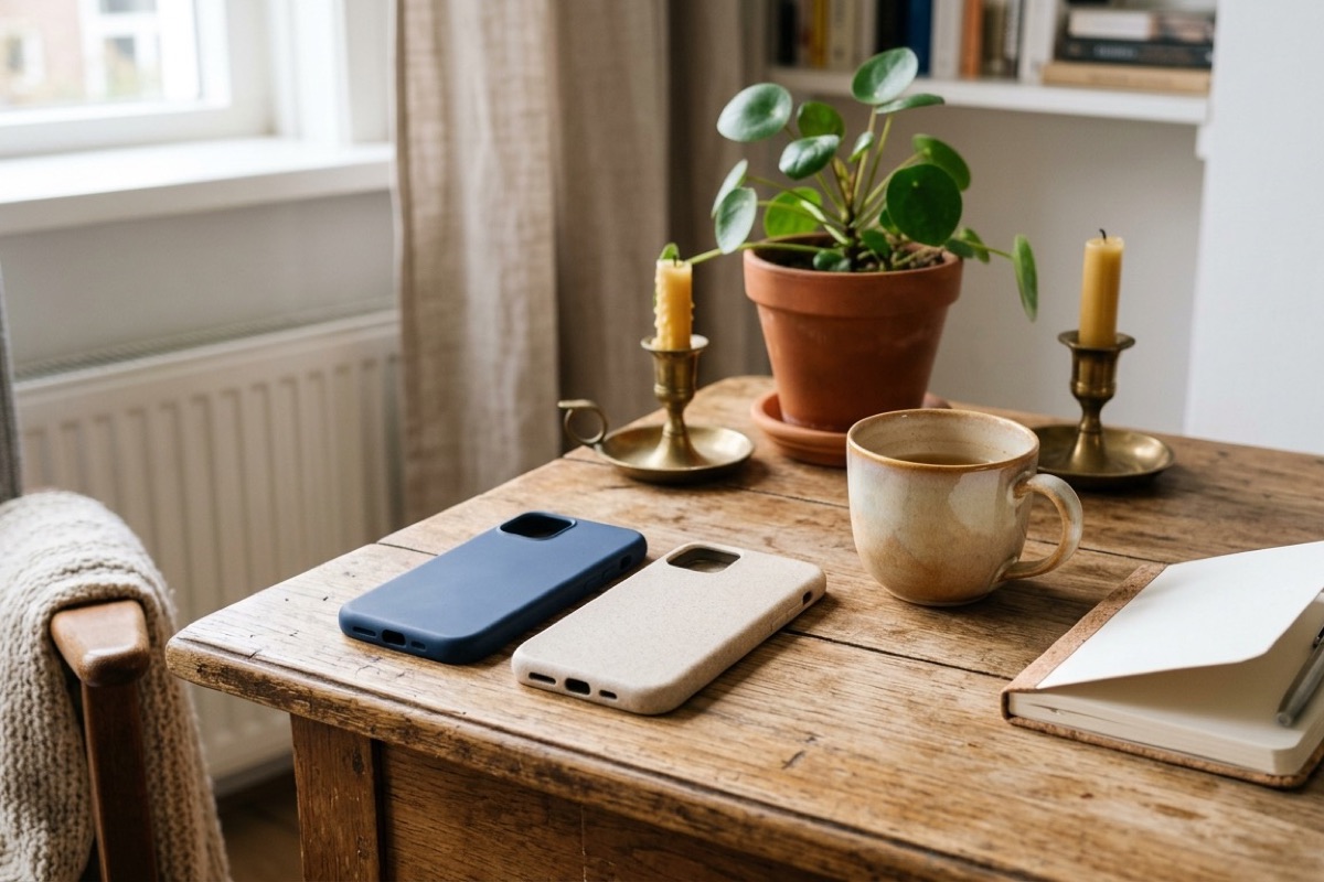 Twee telefoons in hoesjes liggen op een houten tafel naast een mok en een notitieboekje.