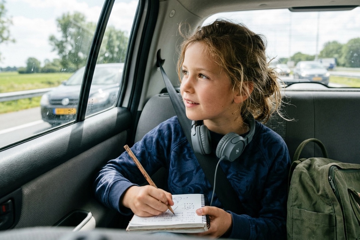 Kind van negen in de auto met notitieboekje op schoot, kijkt naar buiten, headset om de nek.