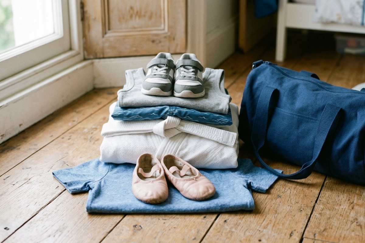 Stapel kinder-sportkleding op een houten vloer: voetbalshirt, judogi, balletschoentjes, zwembroek, sport-vest en gymschoenen naast een blauwe sporttas.