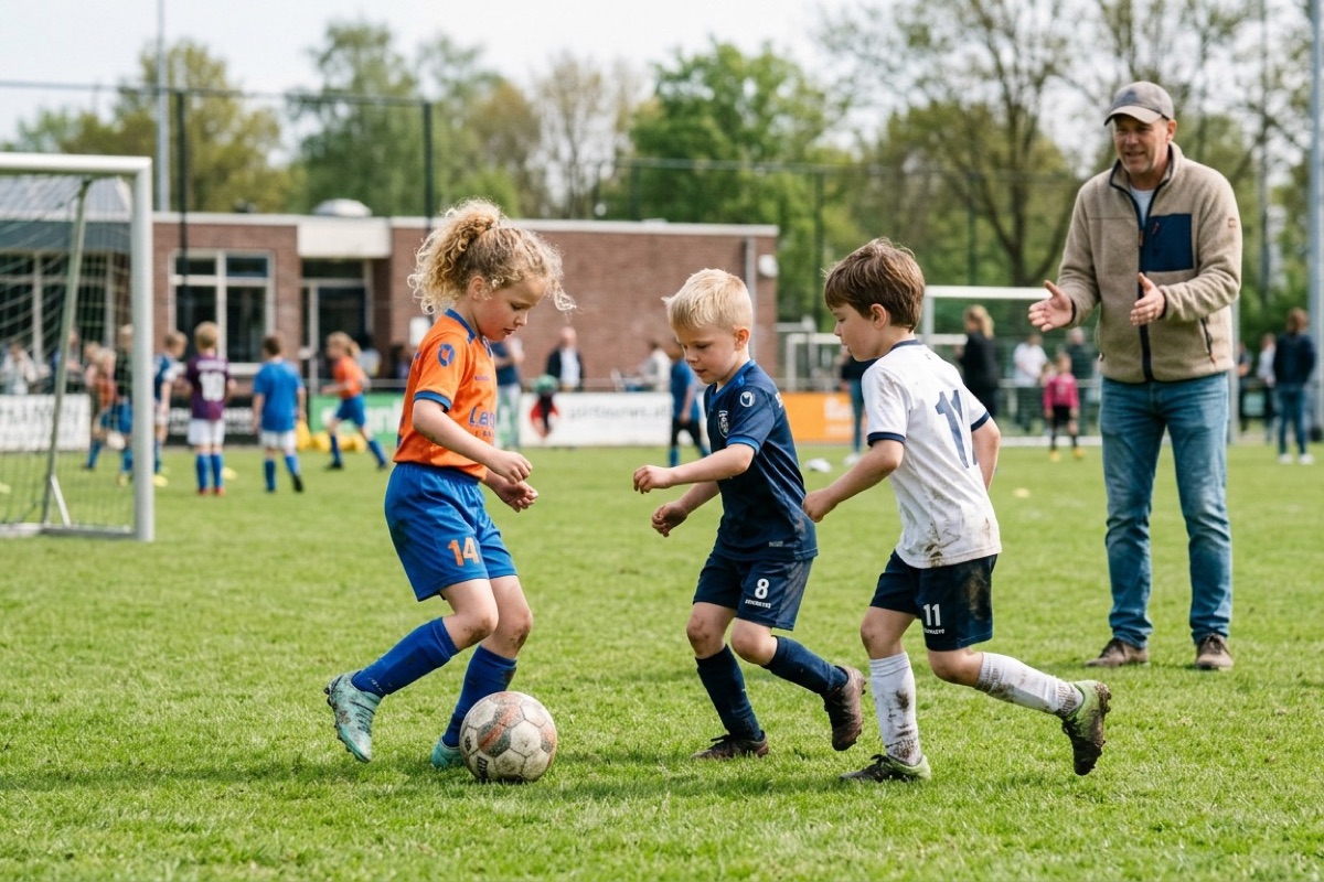 Kinderen uit de onderbouw oefenen samen met een bal op een grasveld onder een ouder-coach.