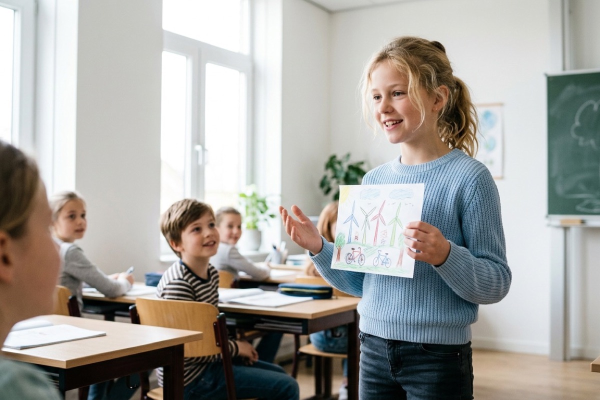 Meisje van negen geeft spreekbeurt in een lichte klas en houdt eigen tekening omhoog.