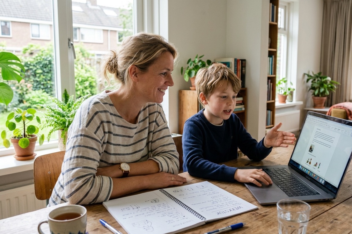 Ouder en kind kijken samen naar een laptop met een werkstuk, notitieboek met aantekeningen op tafel.