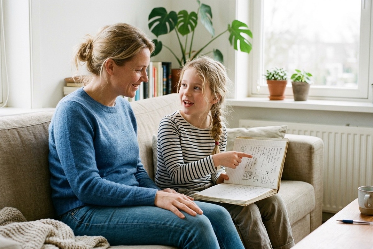 Ouder en kind kijken samen naar een notitieboek met spreekbeurt-ideeen op de bank in de woonkamer.