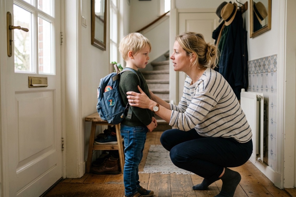 Ouder hurkt voor kind met rugzak in de gang en praat rustig voor school.