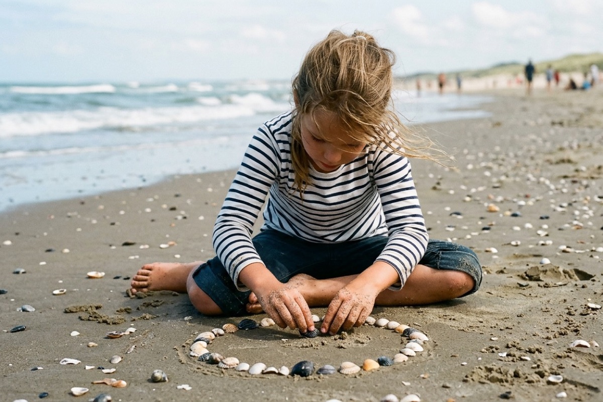 Een kind van een jaar of acht legt geconcentreerd schelpen in een cirkelpatroon op het natte zand