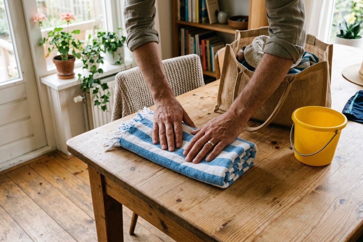 Ouderhanden vouwen een gestreepte strandtdoek naast een strandtas en gele emmer op een houten tafel