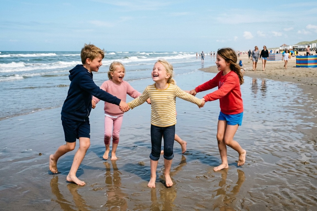 Vier Nederlandse kinderen vormen een kring op het natte strand en lachen tijdens een gezamenlijk spel