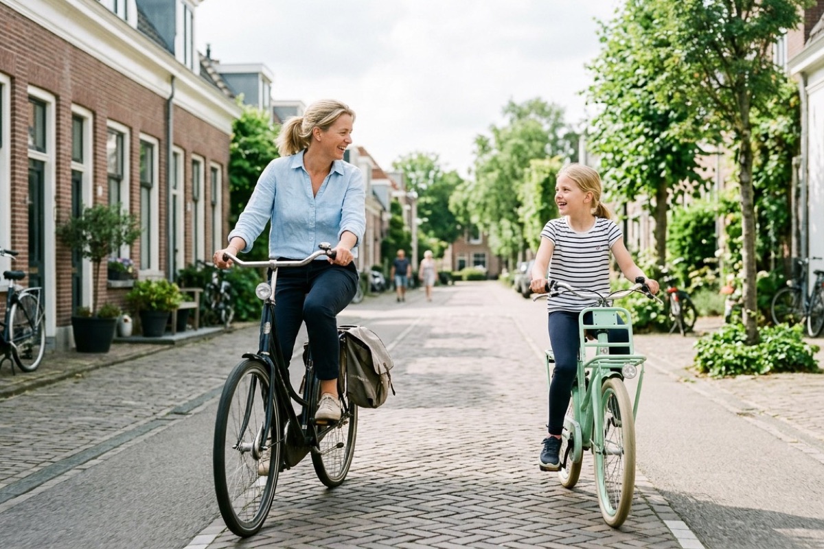 Een ouder en kind fietsen rustig naast elkaar over een straat met bomen en daglicht.