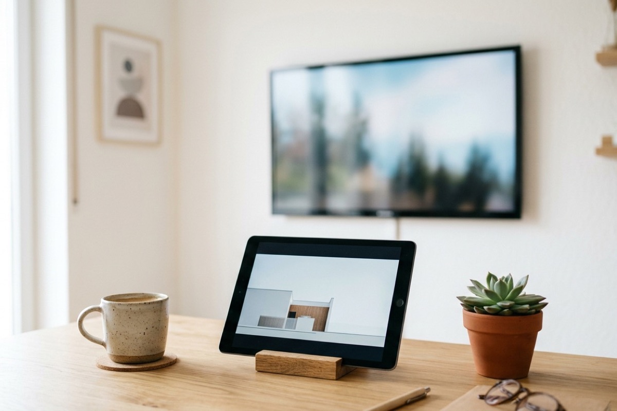 Twee schermen in beeld — een tablet rechtop op een bureau en een tv aan de muur op de achtergrond.
