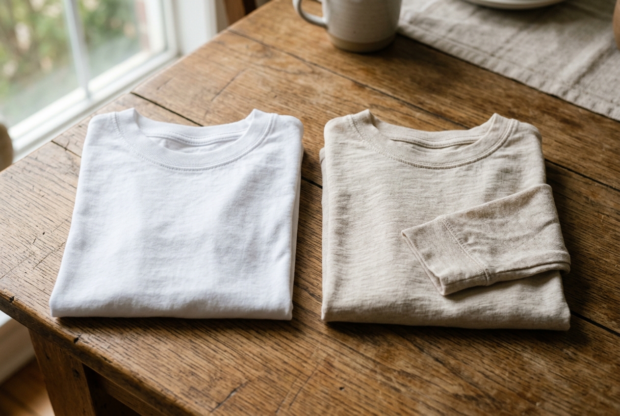 Twee opgevouwen kindershirts naast elkaar: een korte mouw wit shirt en een lange mouw beige shirt.