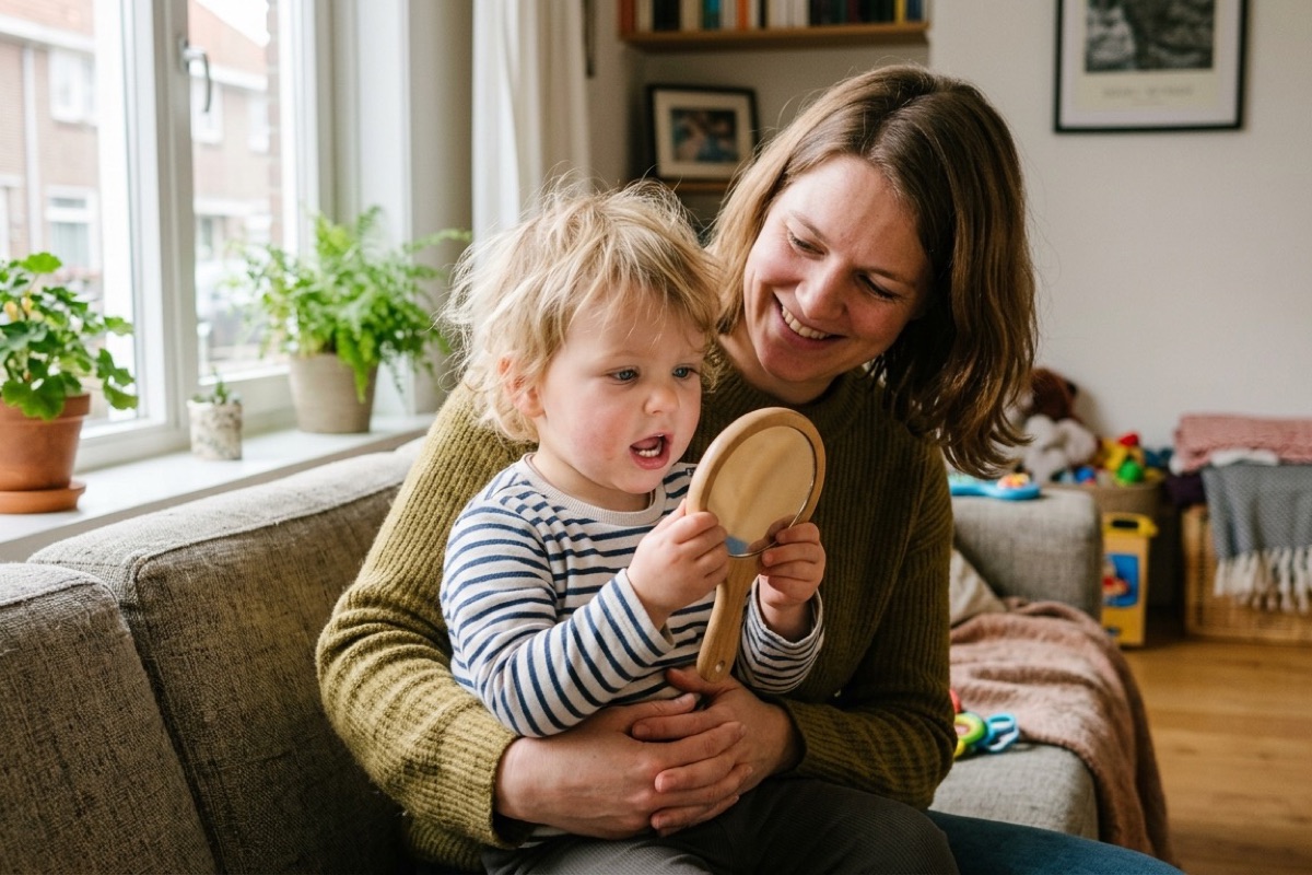 Peuter zit op de schoot van een ouder en kijkt nieuwsgierig naar zijn eigen tanden in een handspiegel.