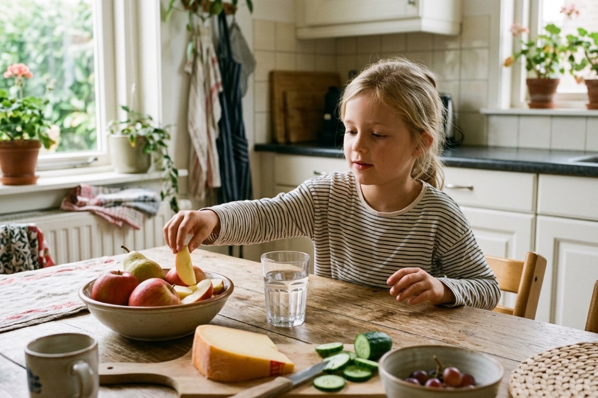 Kind kiest een stukje appel uit een fruitschaal naast een glas water op de keukentafel als tussendoortje.