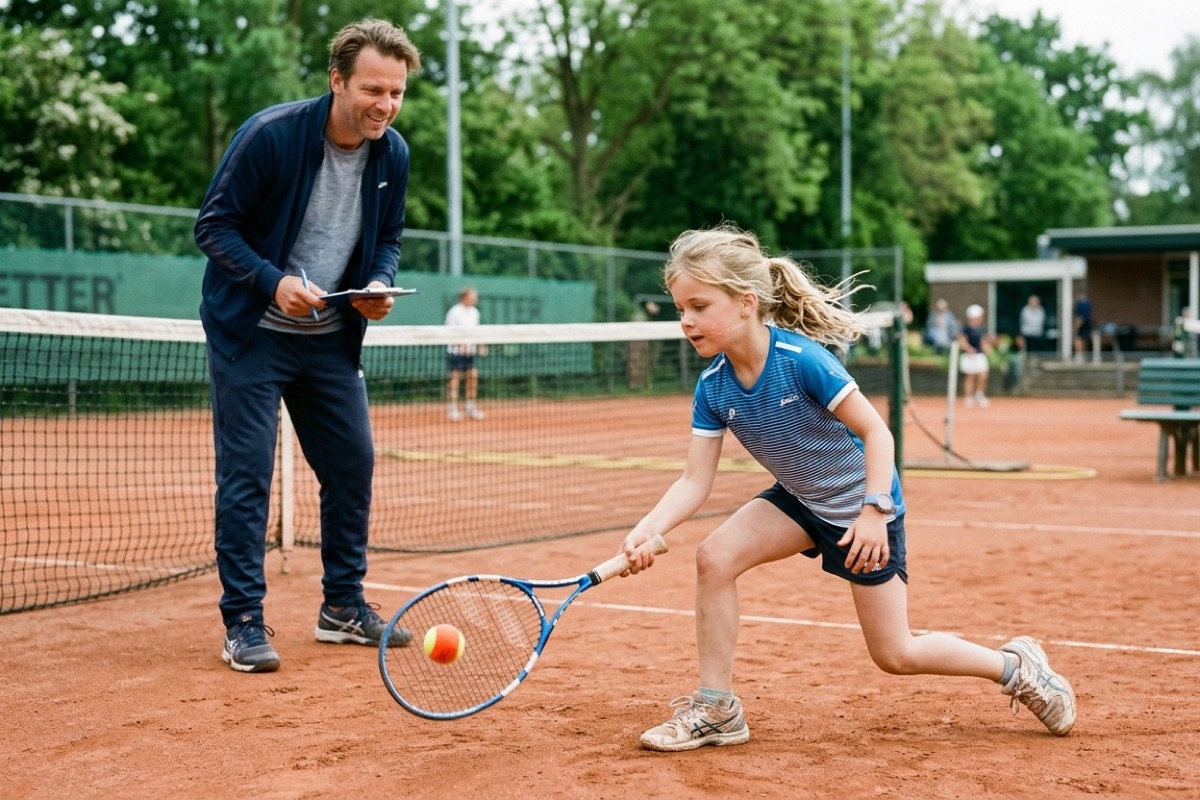 Kind oefent geconcentreerd zijn techniek op een tennisbaan, met trainer naast de baan.