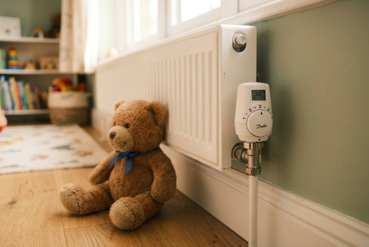 Close-up van een thermostaatknop op een radiator in een kinderkamer, ingesteld tussen 2 en 3, met een teddybeer ernaast op de houten vloer.