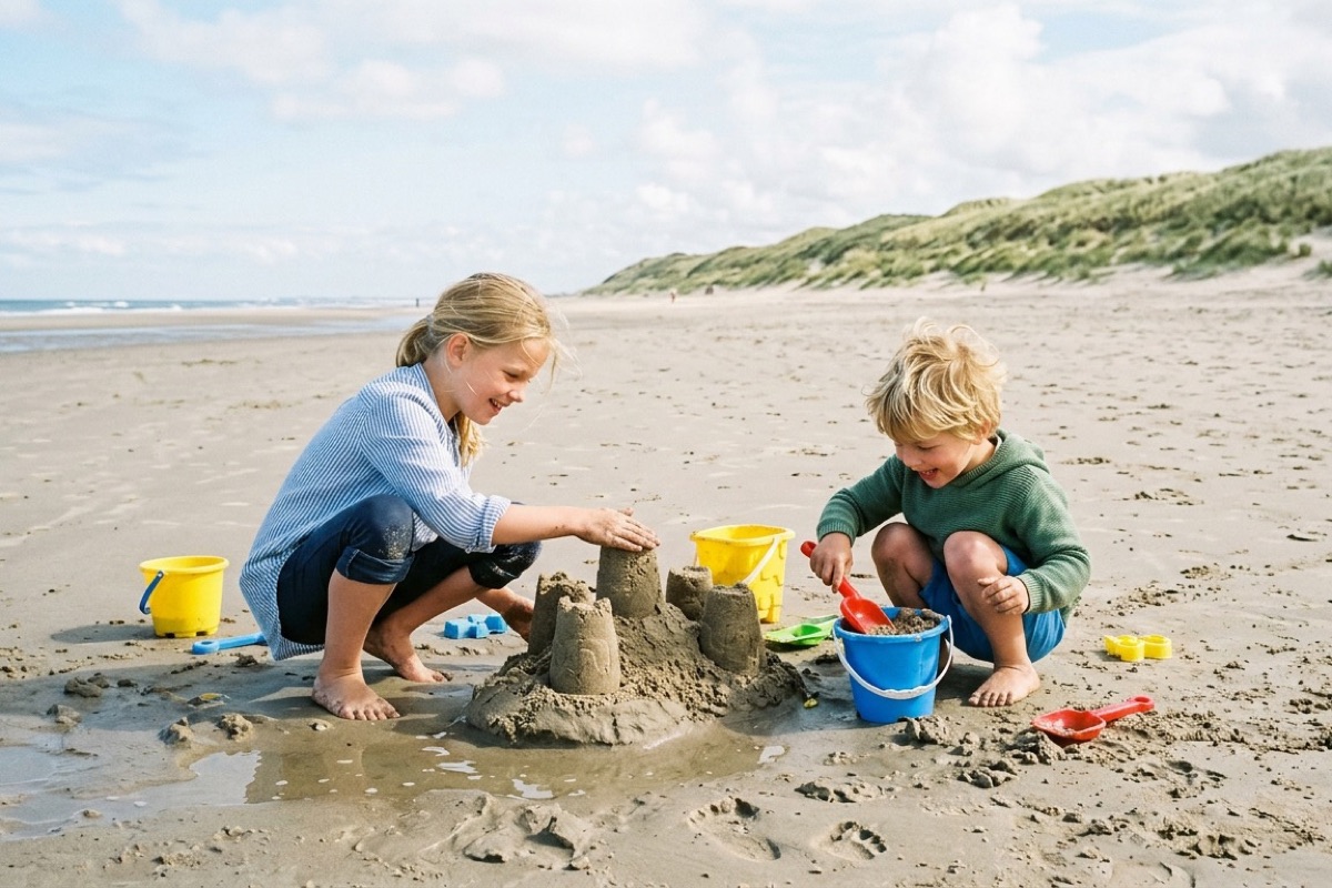 Twee kinderen bouwen een zandkasteel op een breed Terschellings strand met duinen op de achtergrond