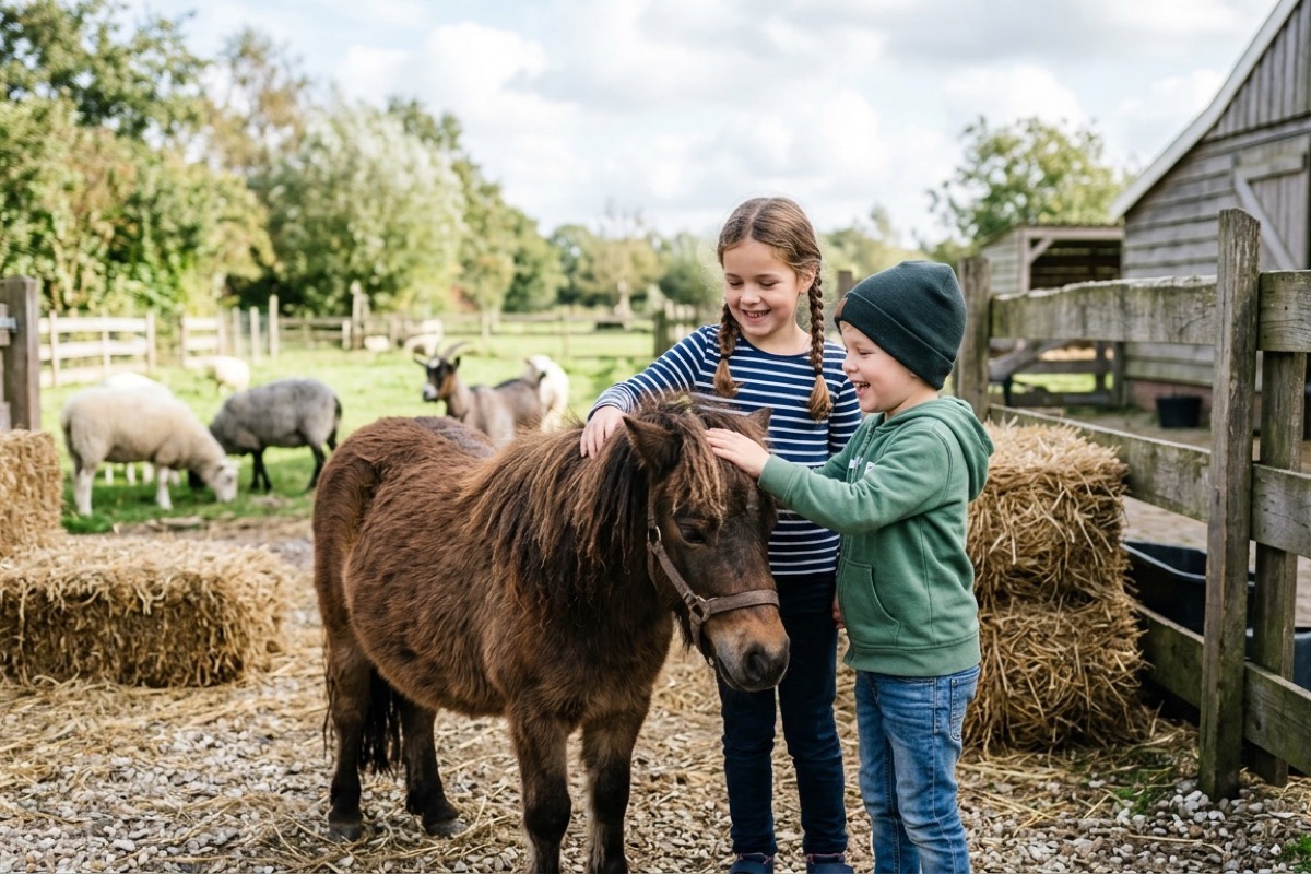Kinderen aaien een pony bij een kleine kinderboerderij op Terschelling