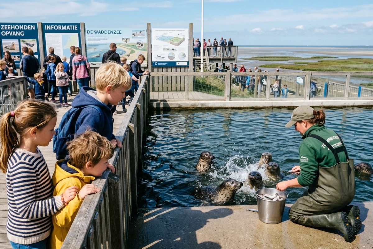 Twee kinderen kijken naar een zeehond in een opvangbassin op Texel