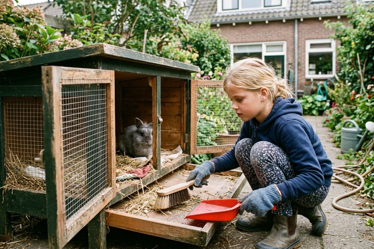 Een 10-jarig kind maakt een konijnenhok schoon in de tuin met handschoenen en een veger