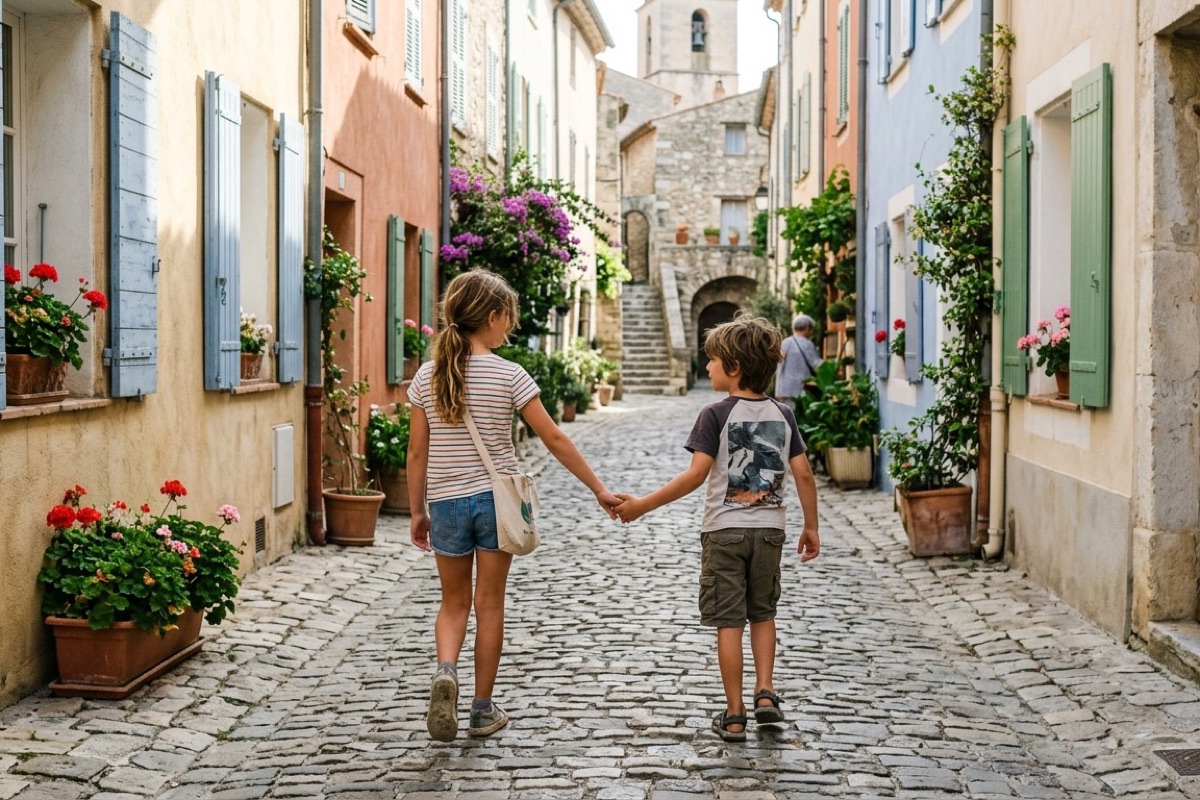 Kinderen lopen op een straat in een Zuid-Europees dorp tijdens het ochtenduur.