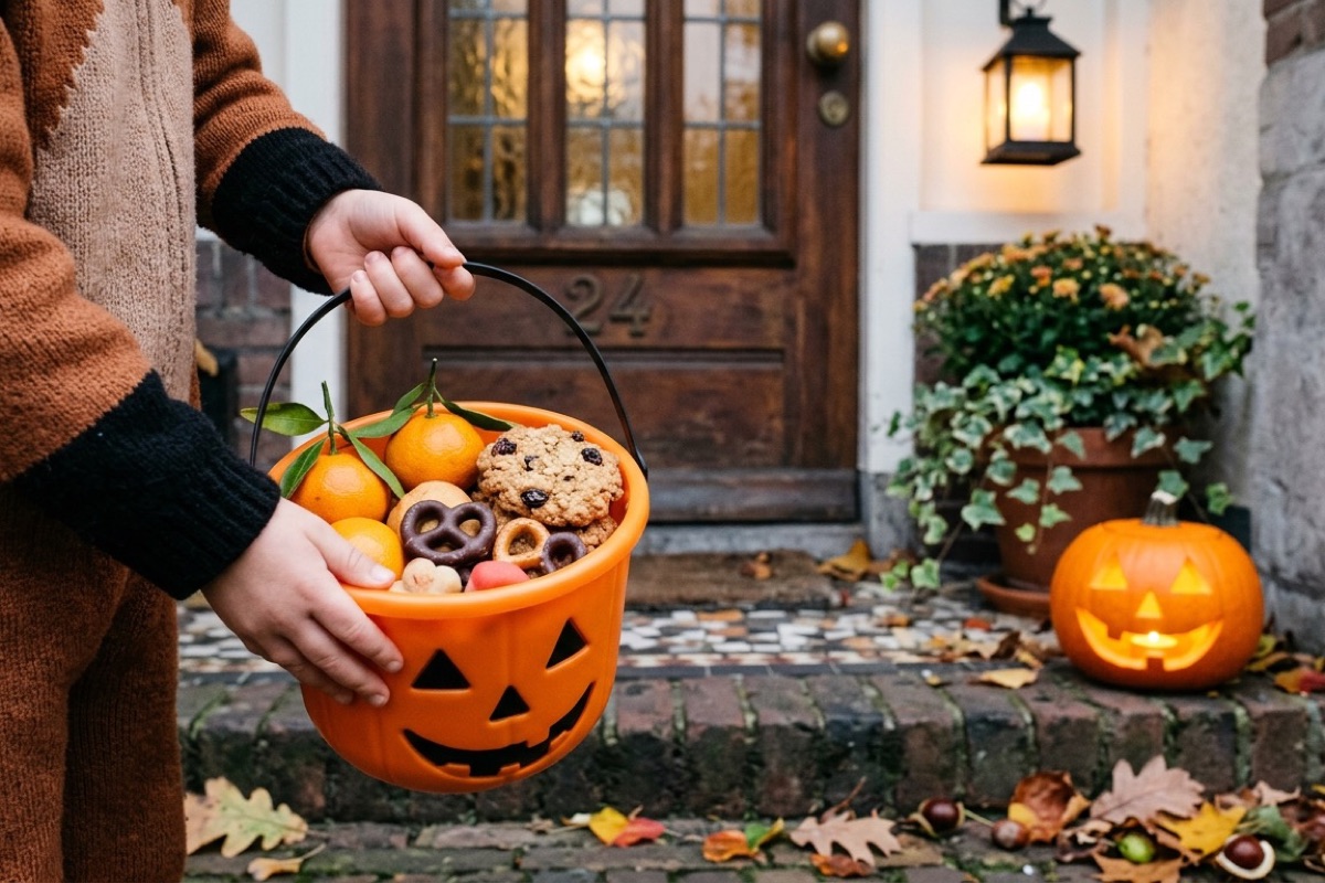 Kind in halloween-kostuum houdt een oranje pompoen-emmertje vast op een Nederlandse stoep met een uitgelichte pompoen.