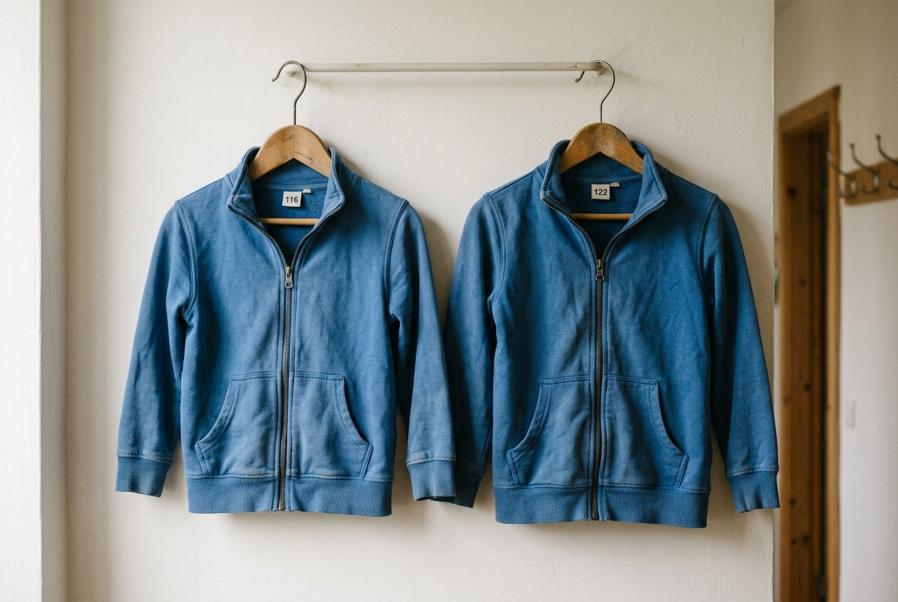 Twee blauwe kinderjassen op houten hangers naast elkaar, maat 116 en maat 122, met zichtbare maat-labels.