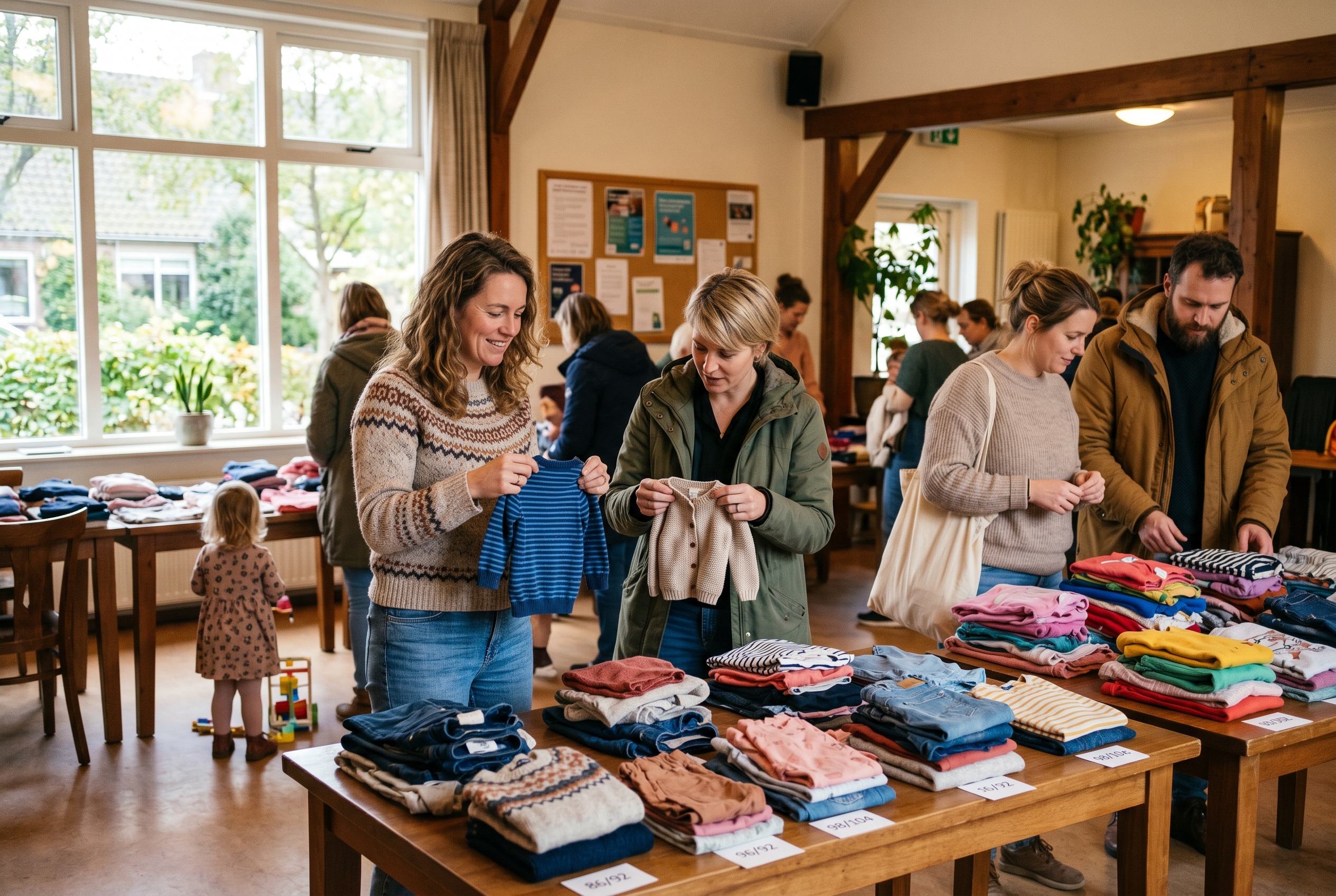 Een ouder-en-kinderen kledingruil-bijeenkomst in een buurthuis, met tafels vol gevouwen kinderkleding en ouders die items vergelijken.