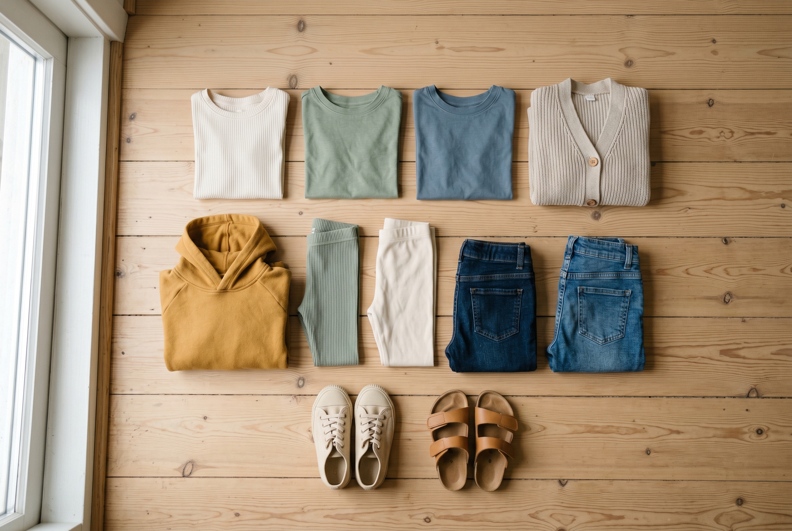 Plat-gevouwen capsule wardrobe voor een kind: ongeveer tien items op een lichte houten vloer, in zachte aardetinten.