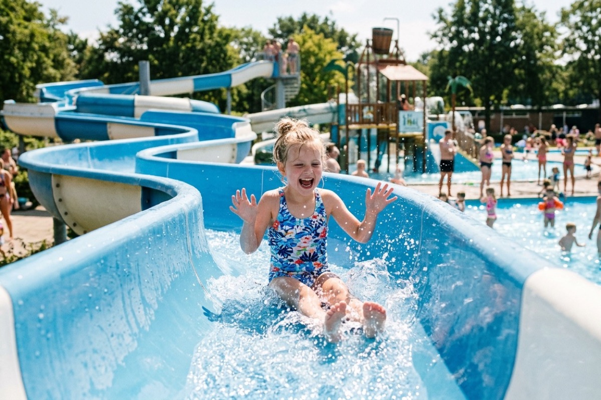 Kinderen spelen in een waterspeeltuin met glijbaan op een zomerse dag in de Achterhoek
