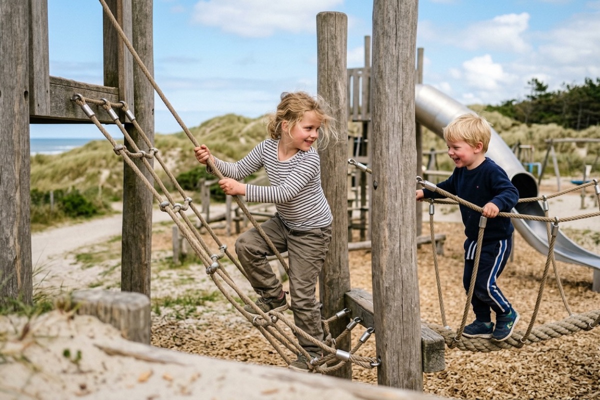Twee Nederlandse kinderen klimmen op de trappen in de witte vuurtoren van Hollum op Ameland