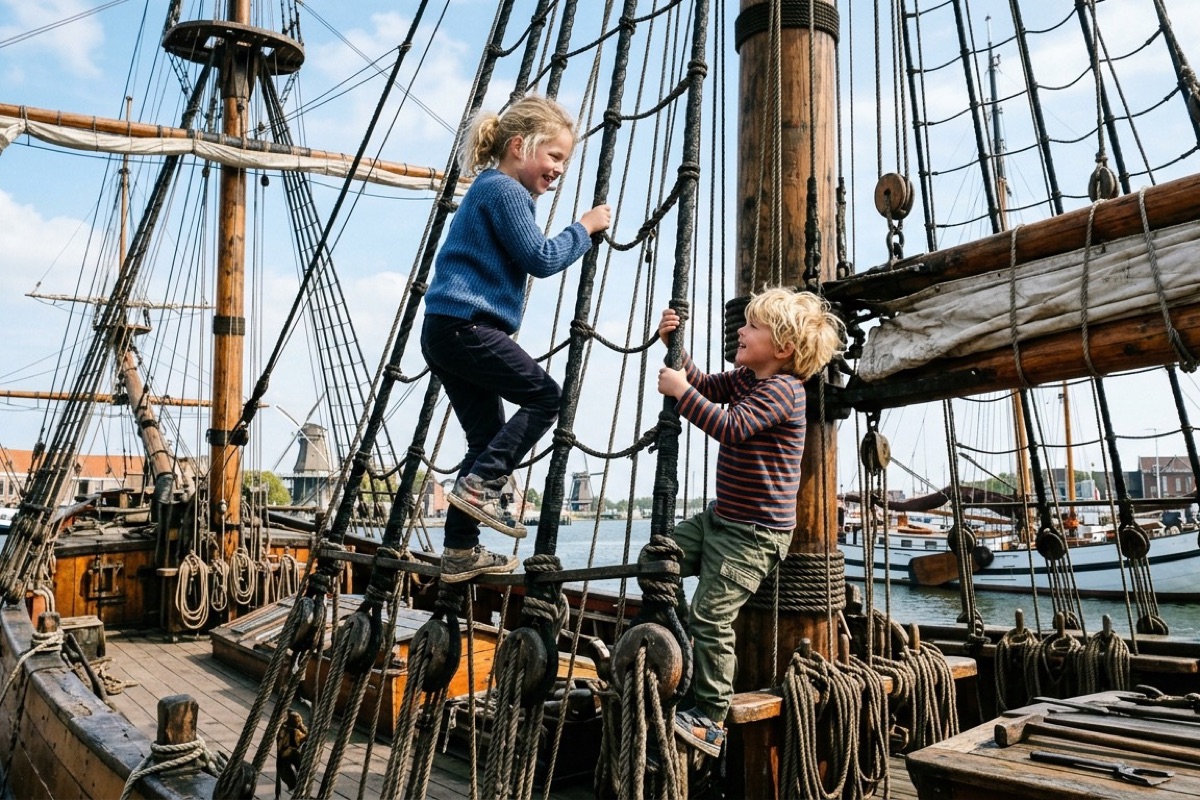 Twee Nederlandse kinderen klimmen op het touwwerk van een historisch zeilschip aan de havenzijde