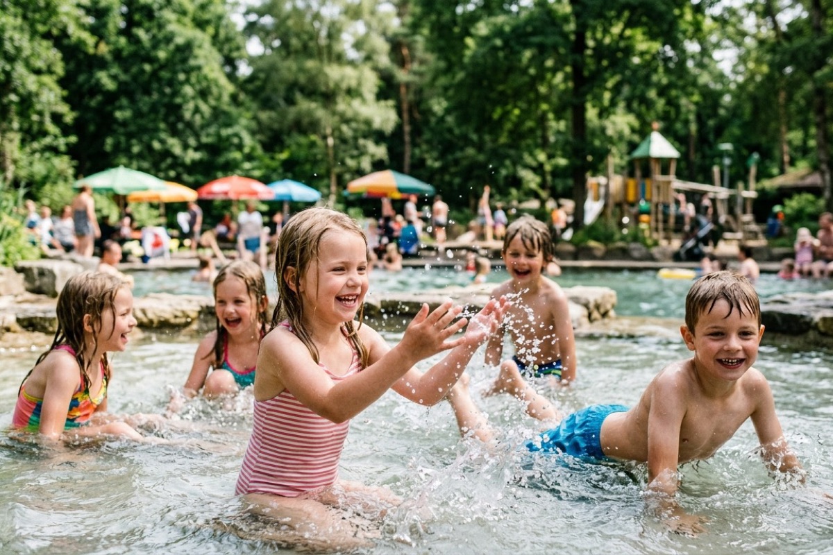 Kinderen kijken naar leeuwen vanuit een safari-bus in een Brabants safaripark met savanne-gevoel