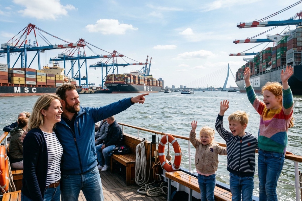 Een Nederlandse familie zwaait vanaf een rondvaartboot naar containerschepen in de Rotterdamse haven