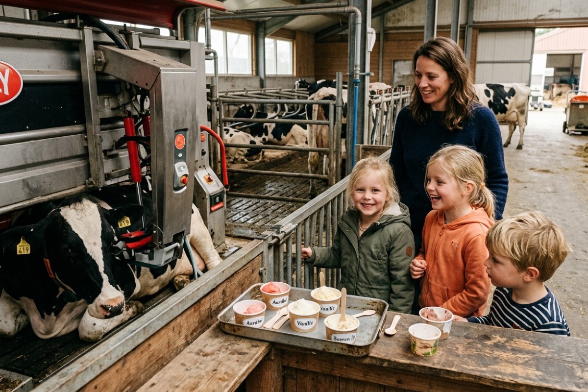 Een groep kinderen kijkt door interactieve panelen in een natuureducatief museum op Texel