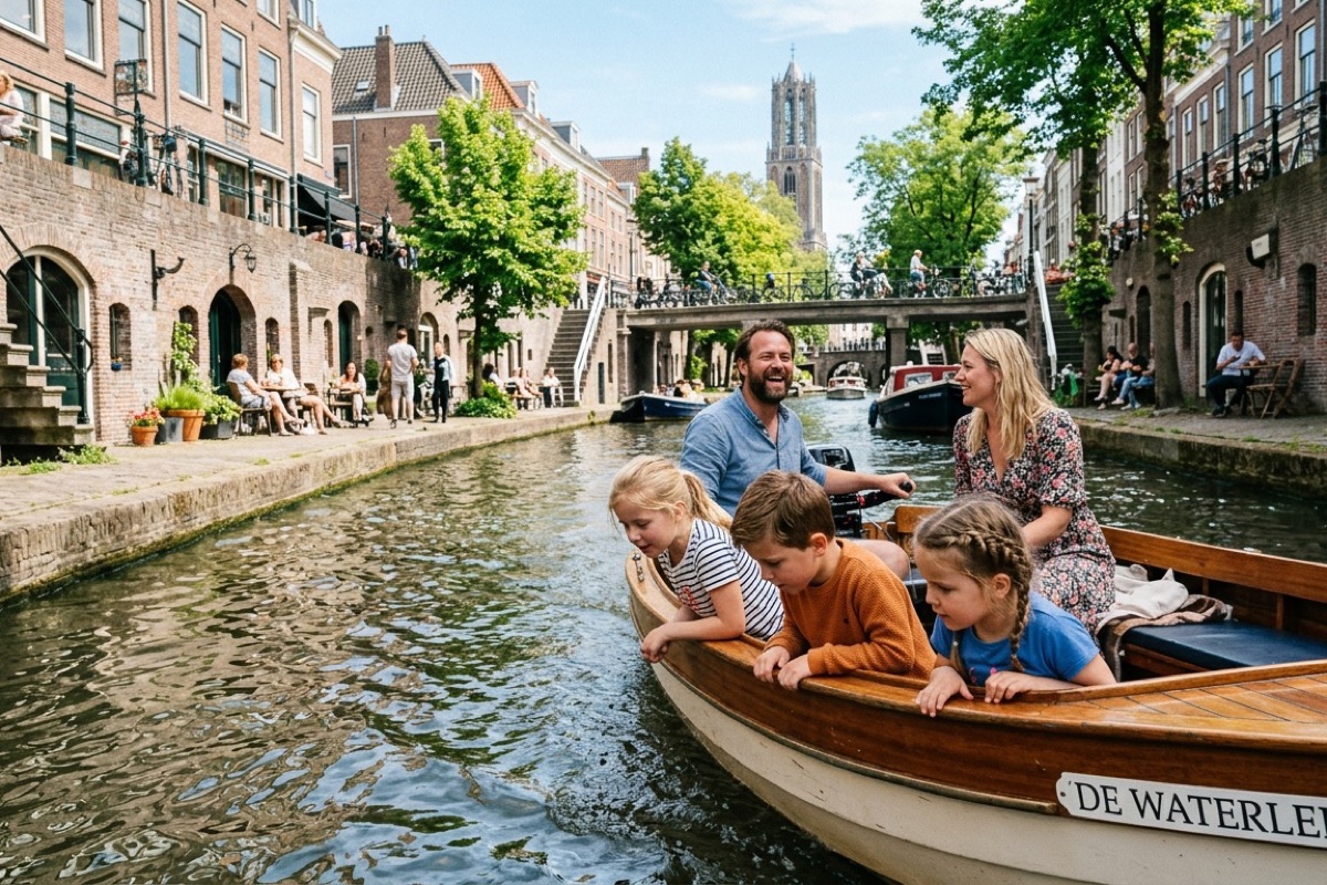 Een Nederlands gezin op een rondvaartboot in een Utrechtse gracht met werfkelders
