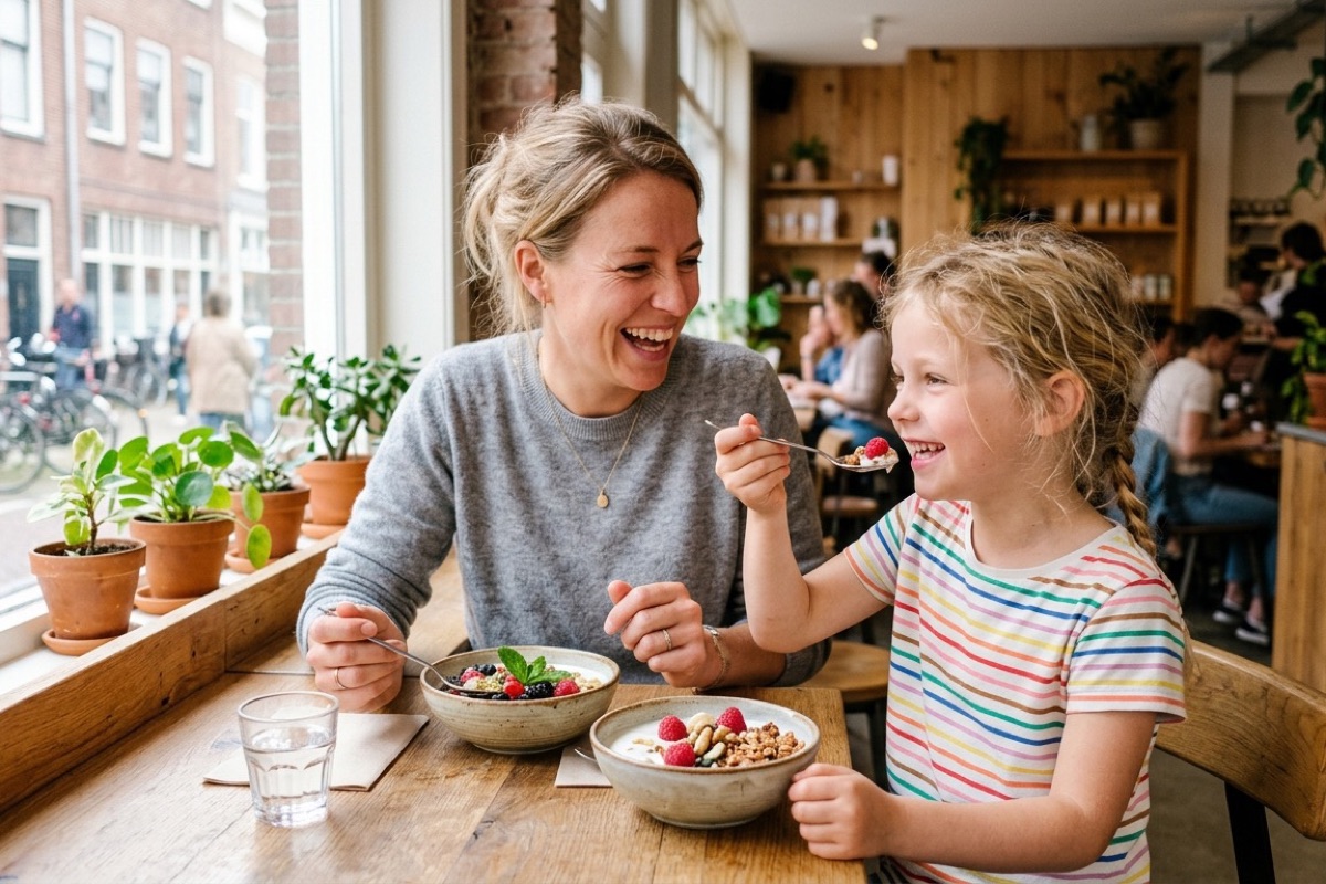 Een Nederlandse moeder en kind eten yoghurt-bowls in een Utrechts café