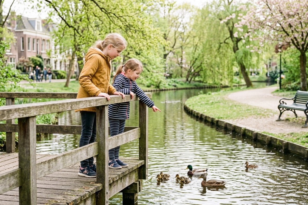 Twee kinderen voeren eenden vanaf een houten brug in een Utrechts park