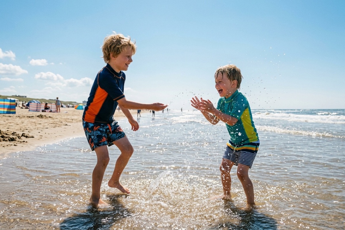 Kinderen spelen op het strand met een blauwe lucht en weerkaatsing van de zon op het zeewater.