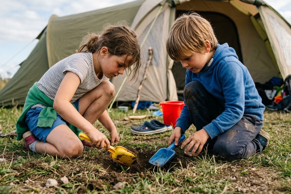 Twee kinderen graven samen een kuil in een grasveld bij hun tent op een rustige natuurcamping.