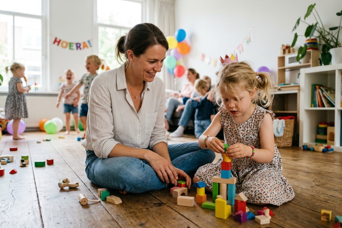 Een ouder zit op de grond met spelende kleuters tijdens een kinderfeestje thuis.