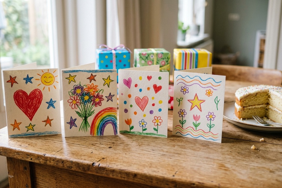 Een rij verjaardagskaarten en kleine cadeaus op een keukentafel naast een schaal taart.