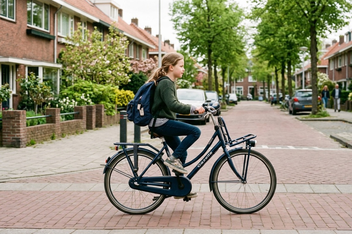 Kind fietst zelfstandig naar school met rugzak op in een Nederlandse straat bij helder daglicht.