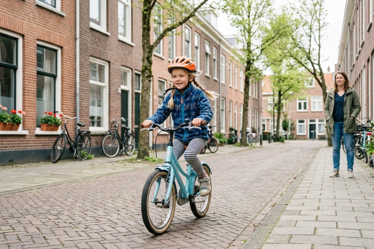 Kind van ongeveer zeven jaar fietst zelfstandig over een rustige Nederlandse straat met ouder die op een afstand kijkt.